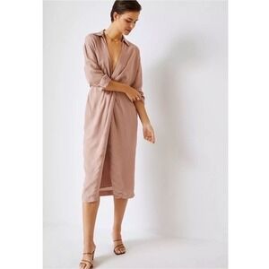 Anthropologie Womens  V-Neck Linen Blend Knot Front Midi Dress Size 10P Coastal